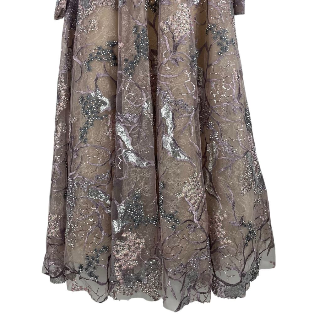 Mac Duggal Embellished High Neck Puff Sleeve A-Line Dress Taupe Size 6 - Picture 9 of 14